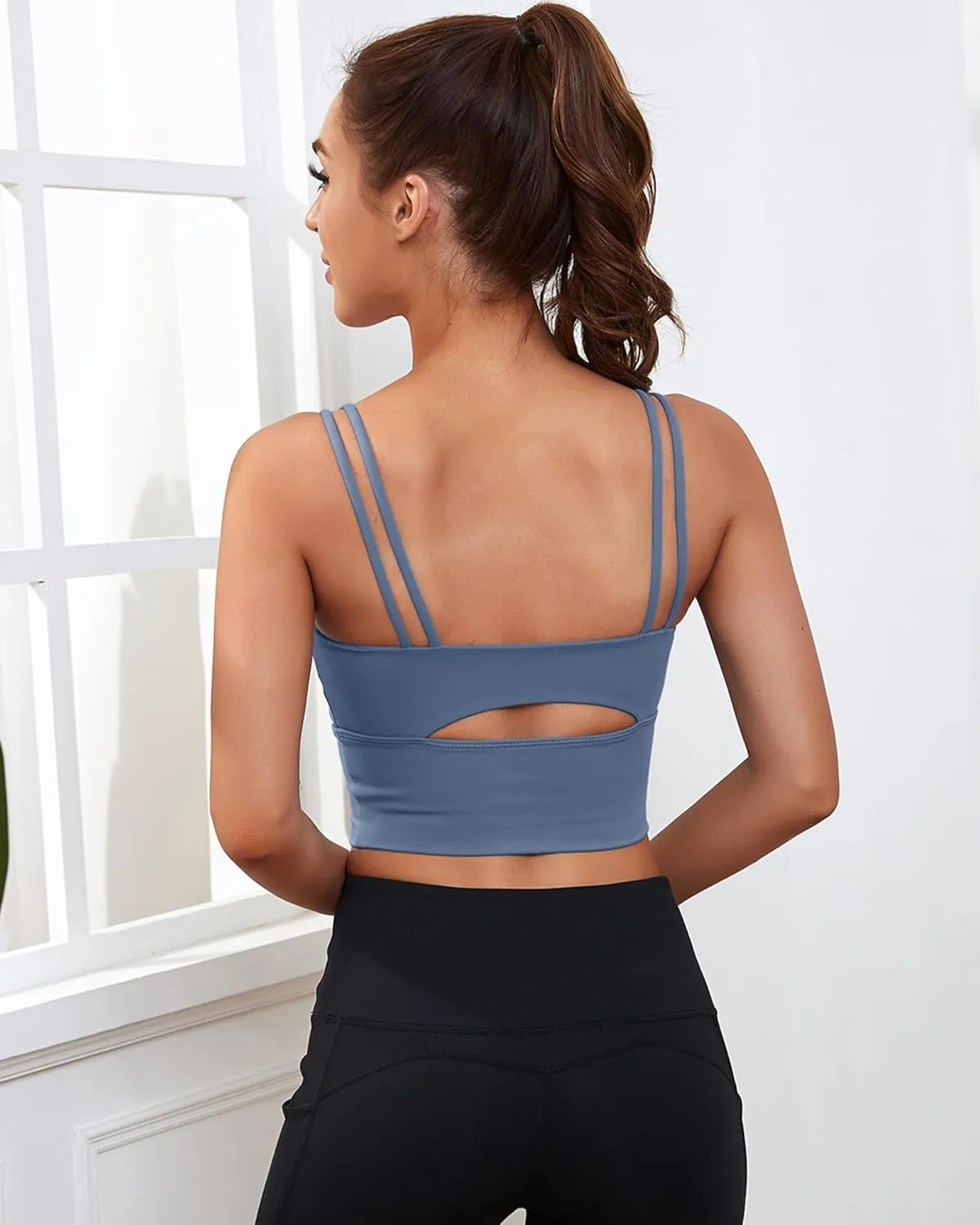 Everrysea Sports Bras for Women High Support Longline Workout Tank Tops Built in Bra Strappy Yoga Padded Crop Top