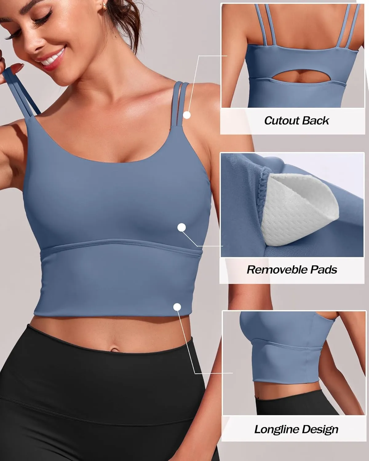 Everrysea Sports Bras for Women High Support Longline Workout Tank Tops Built in Bra Strappy Yoga Padded Crop Top
