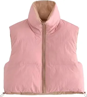 FindThy Womens Warm Cropped Puffer Vest Stand Collar Zip Up Winter Waistcoat Puffer Gilet