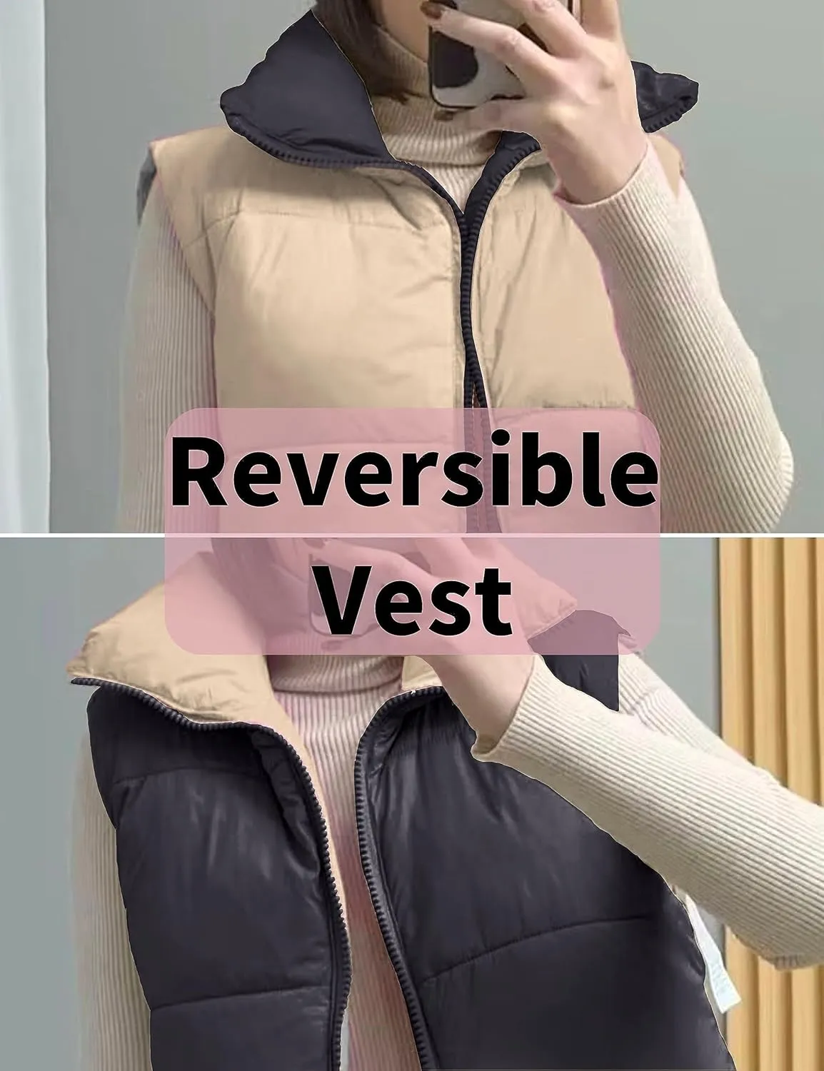 FindThy Womens Warm Cropped Puffer Vest Stand Collar Zip Up Winter Waistcoat Puffer Gilet