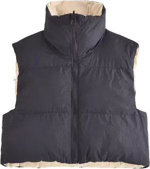 FindThy Womens Warm Cropped Puffer Vest Stand Collar Zip Up Winter Waistcoat Puffer Gilet