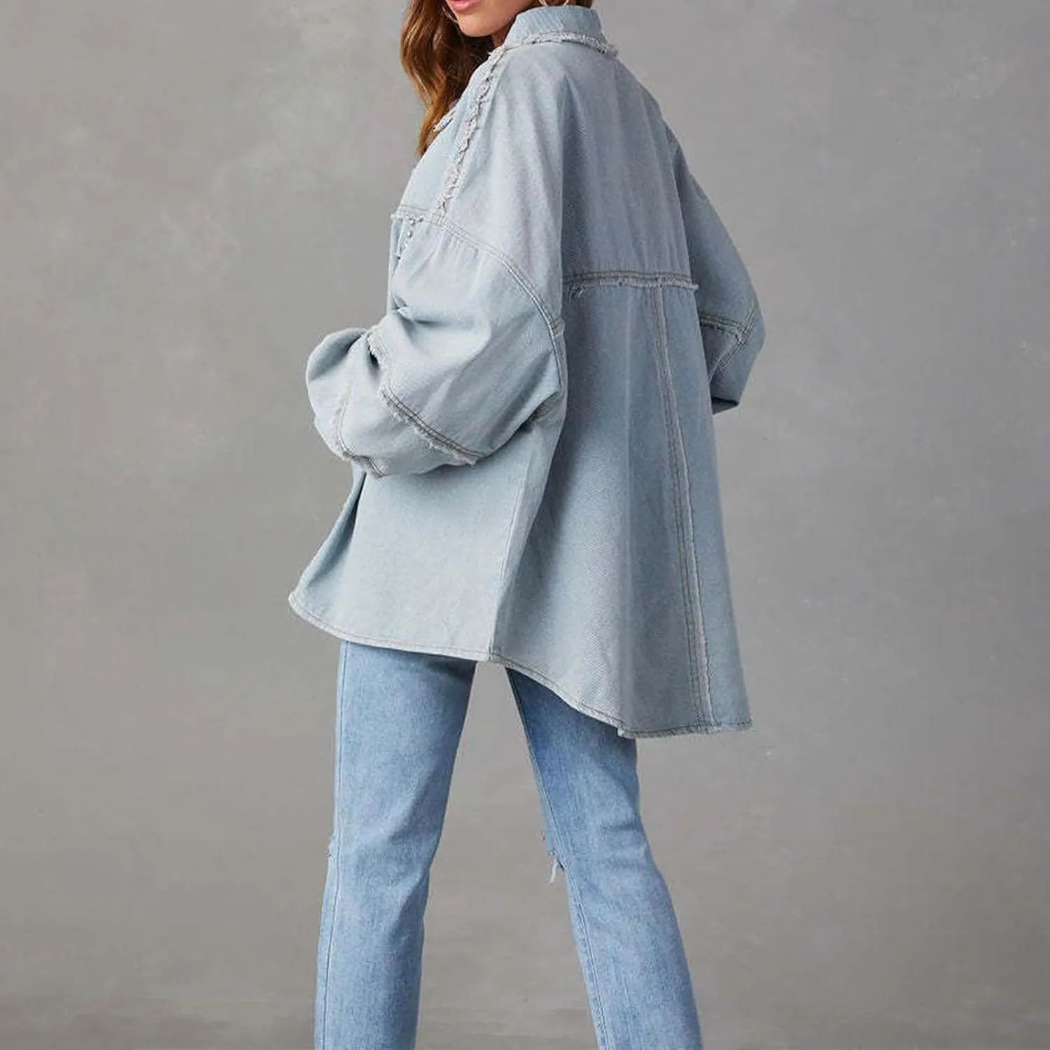 Firzero Womens Summer Tops Oversized Jean Jacket Trendy Long Sleeve Button Down Denim Jacket Western Work Jacket with Pockets