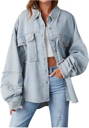 Firzero Womens Summer Tops Oversized Jean Jacket Trendy Long Sleeve Button Down Denim Jacket Western Work Jacket with Pockets