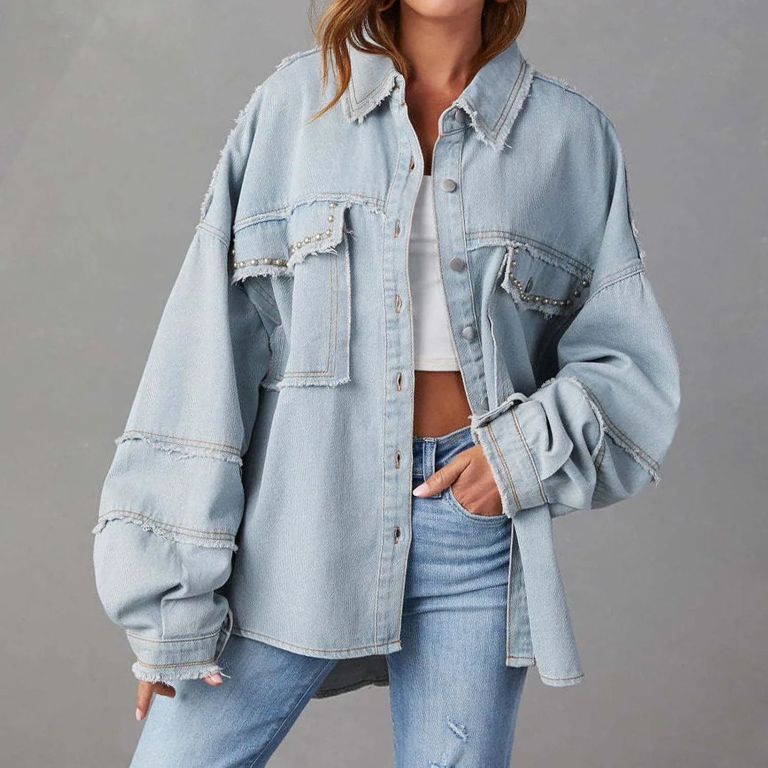 Firzero Womens Summer Tops Oversized Jean Jacket Trendy Long Sleeve Button Down Denim Jacket Western Work Jacket with Pockets