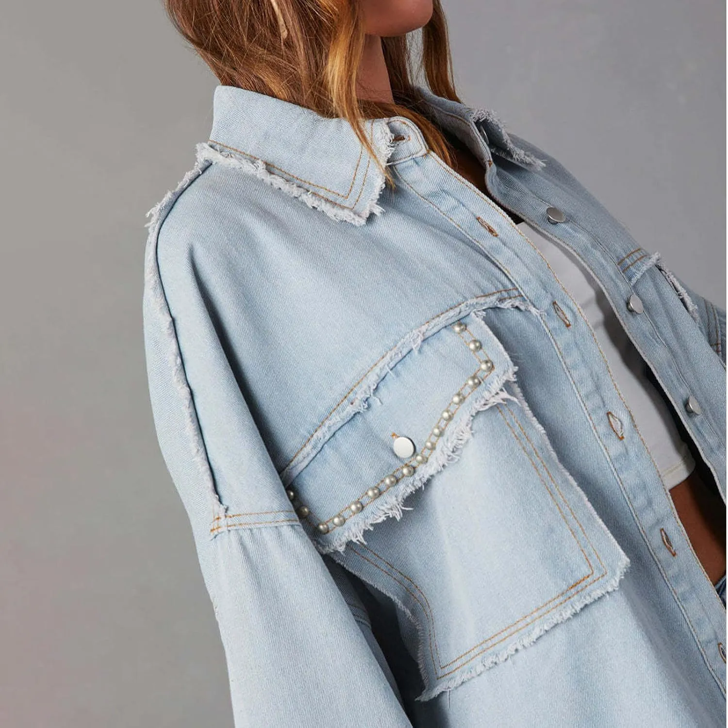 Firzero Womens Summer Tops Oversized Jean Jacket Trendy Long Sleeve Button Down Denim Jacket Western Work Jacket with Pockets