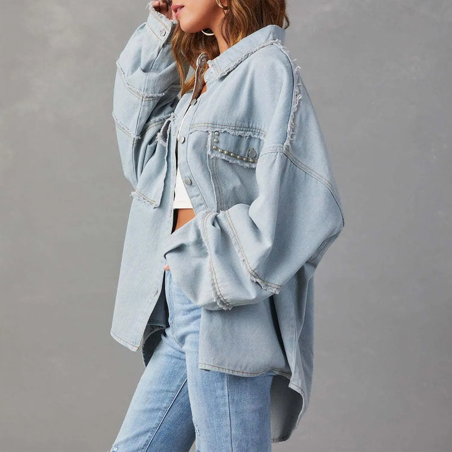 Firzero Womens Summer Tops Oversized Jean Jacket Trendy Long Sleeve Button Down Denim Jacket Western Work Jacket with Pockets