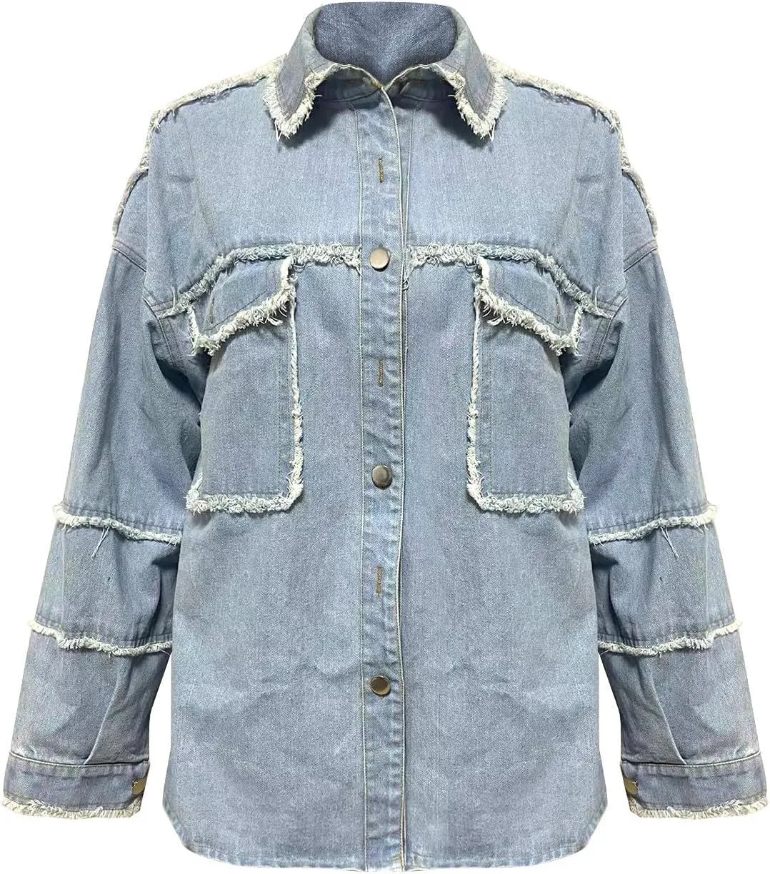 Firzero Womens Summer Tops Oversized Jean Jacket Trendy Long Sleeve Button Down Denim Jacket Western Work Jacket with Pockets
