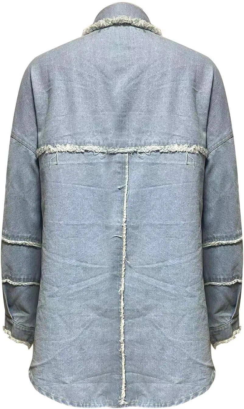 Firzero Womens Summer Tops Oversized Jean Jacket Trendy Long Sleeve Button Down Denim Jacket Western Work Jacket with Pockets