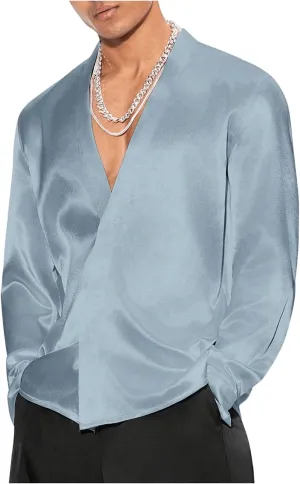 Floerns Men's Wedding Long Sleeve V Neck Shirts Shiny Satin Prom Party Club Shirts
