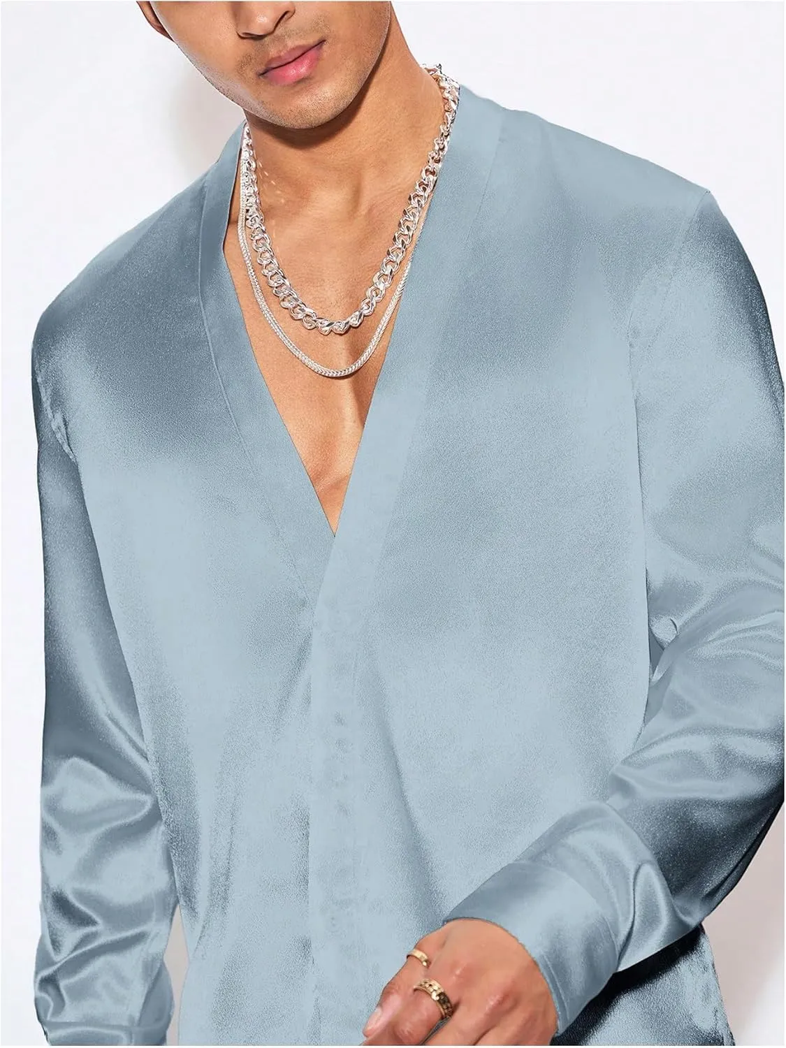 Floerns Men's Wedding Long Sleeve V Neck Shirts Shiny Satin Prom Party Club Shirts
