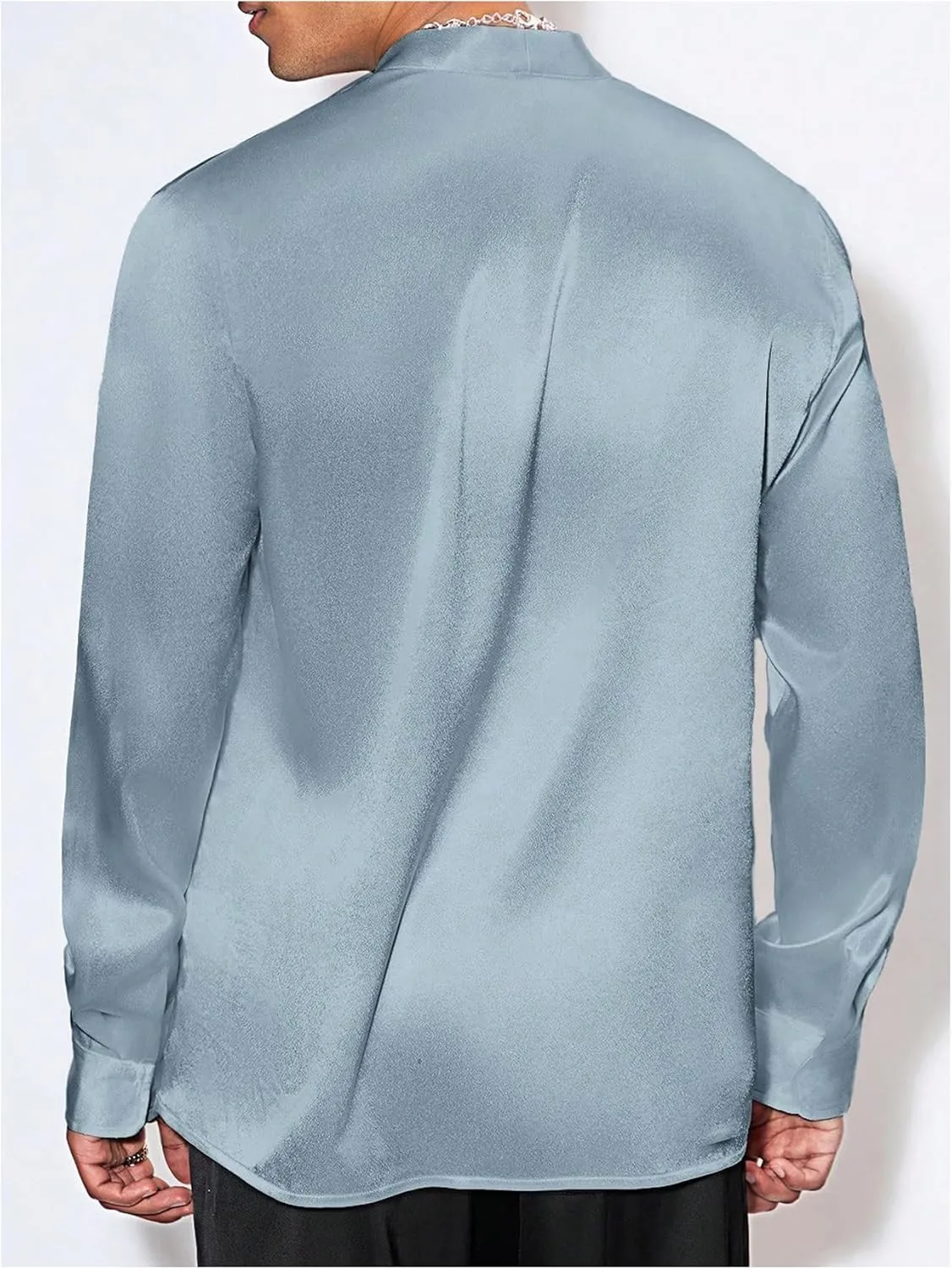 Floerns Men's Wedding Long Sleeve V Neck Shirts Shiny Satin Prom Party Club Shirts