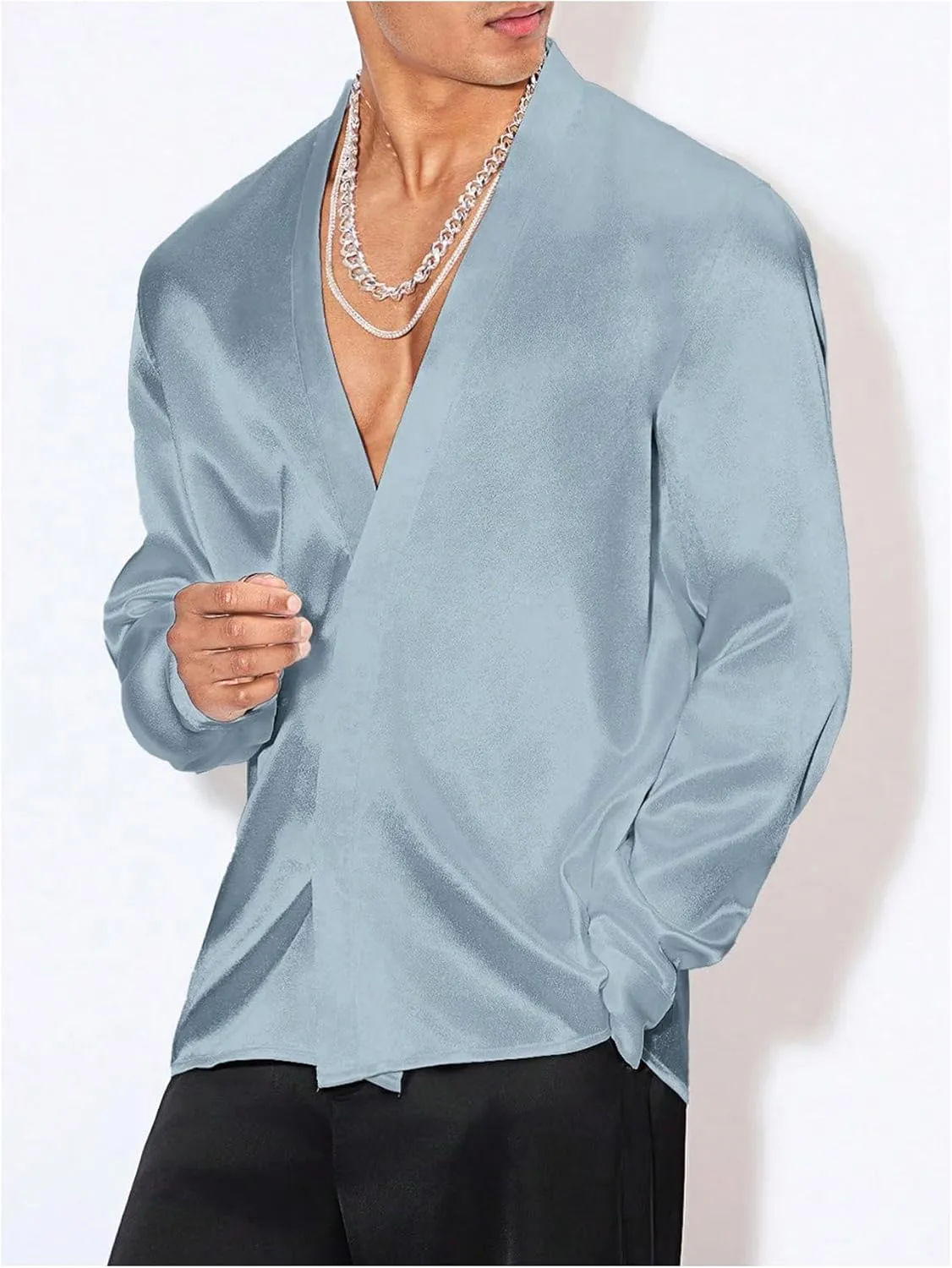 Floerns Men's Wedding Long Sleeve V Neck Shirts Shiny Satin Prom Party Club Shirts
