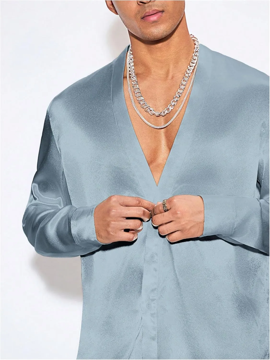 Floerns Men's Wedding Long Sleeve V Neck Shirts Shiny Satin Prom Party Club Shirts