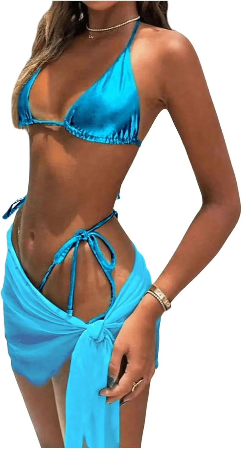 Floerns Women's 3 Piece Bikini Set Triangle Halter High Cut Swimsuit with Cover Up Skirt
