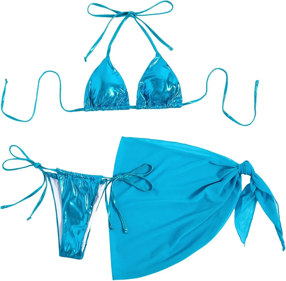 Floerns Women's 3 Piece Bikini Set Triangle Halter High Cut Swimsuit with Cover Up Skirt