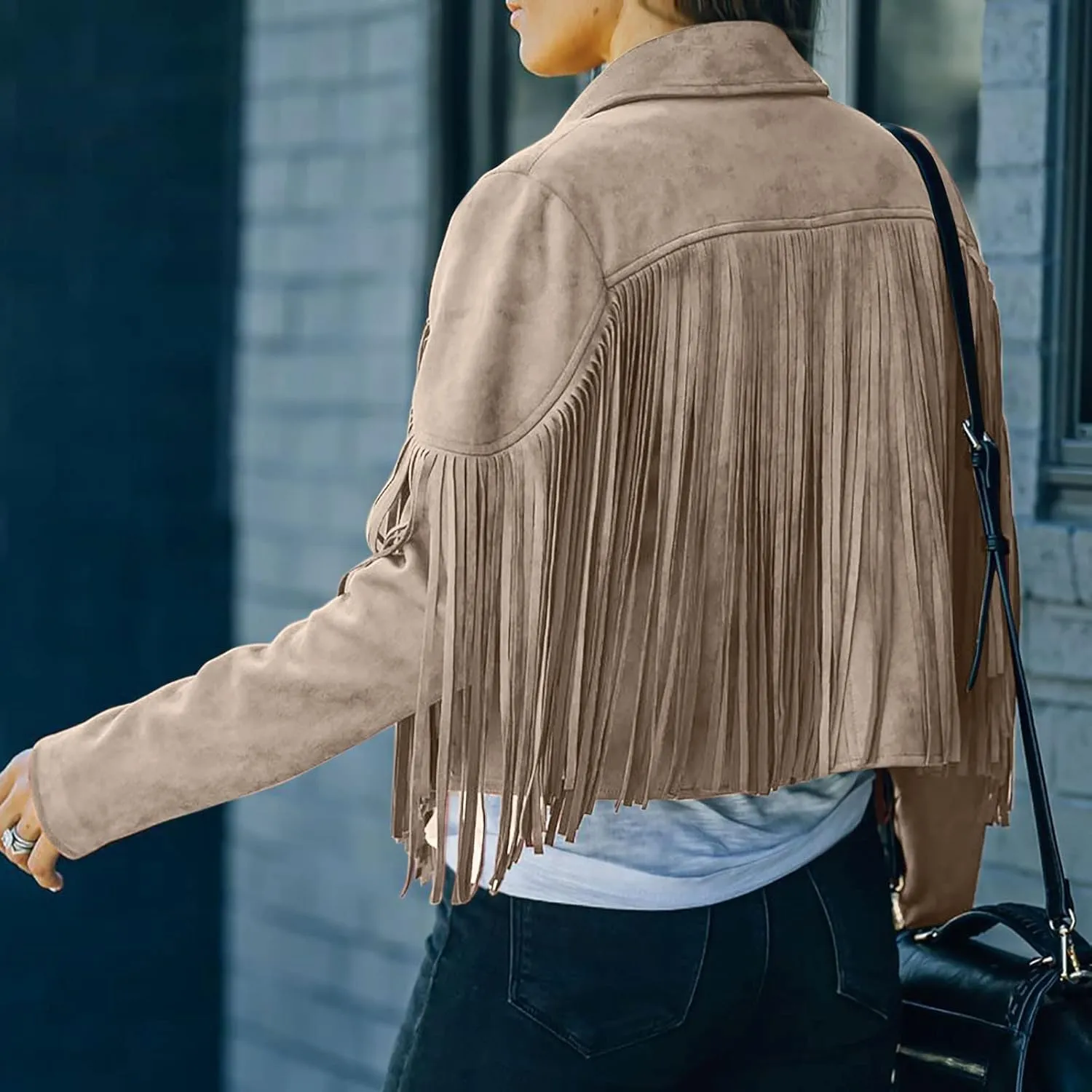 Fringe Coat for Women Solid Color Lapel Faux Suede Leather Cowboy Style Jacket Long Sleeve Tassels Cardigan Tops