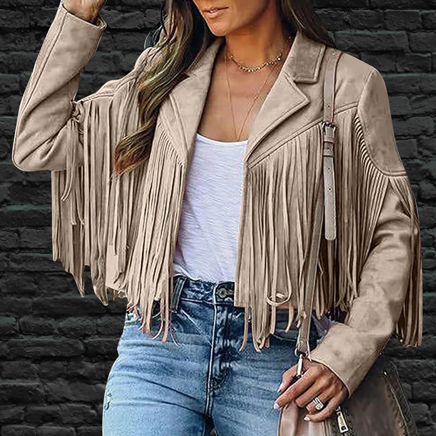 Fringe Coat for Women Solid Color Lapel Faux Suede Leather Cowboy Style Jacket Long Sleeve Tassels Cardigan Tops