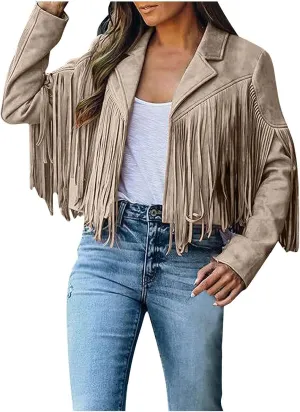 Fringe Coat for Women Solid Color Lapel Faux Suede Leather Cowboy Style Jacket Long Sleeve Tassels Cardigan Tops