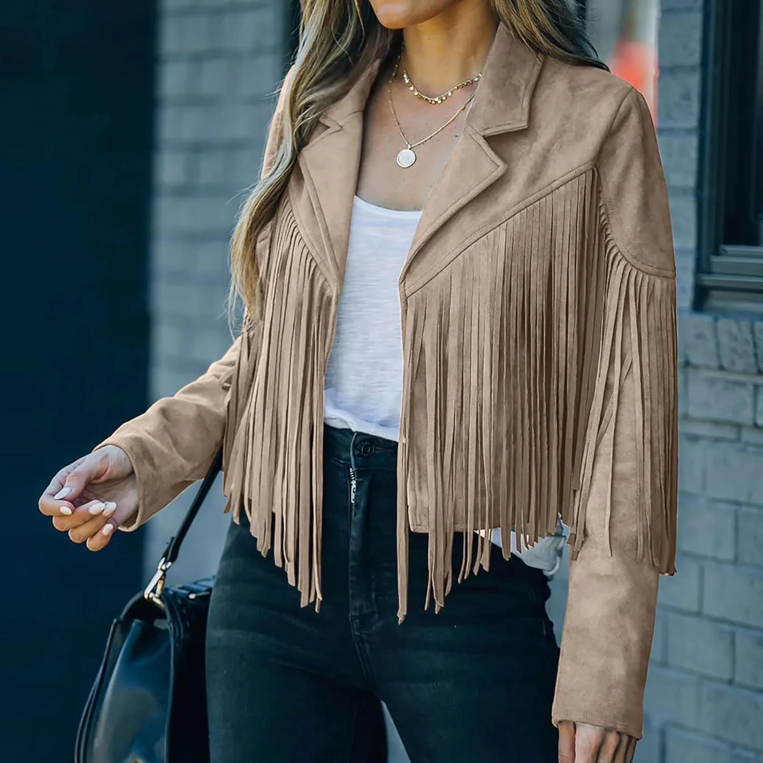 Fringe Coat for Women Solid Color Lapel Faux Suede Leather Cowboy Style Jacket Long Sleeve Tassels Cardigan Tops