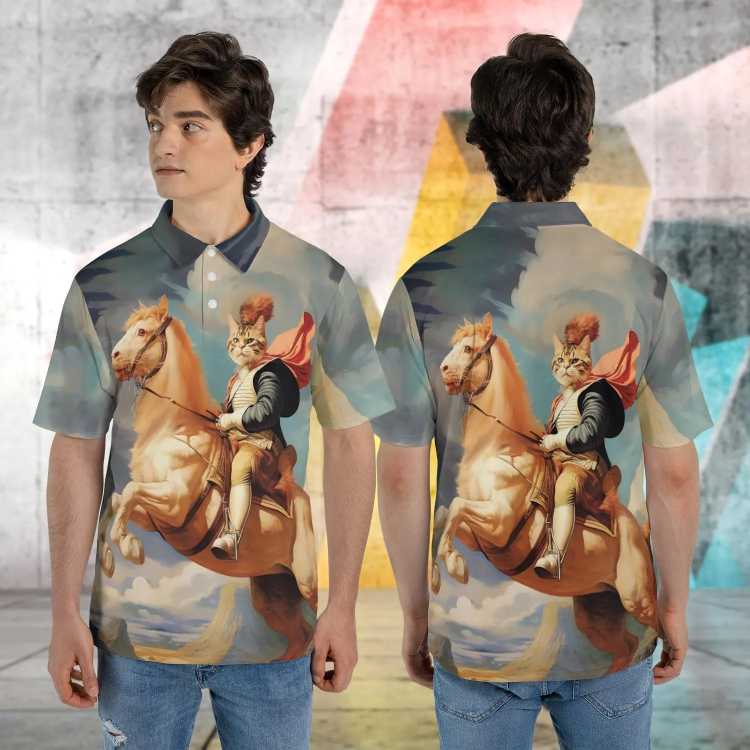 Funny Cat Polo Shirts for Men - Galaxy Cat Mens Quick Dry Short Sleeve Polo Shirts Series 16