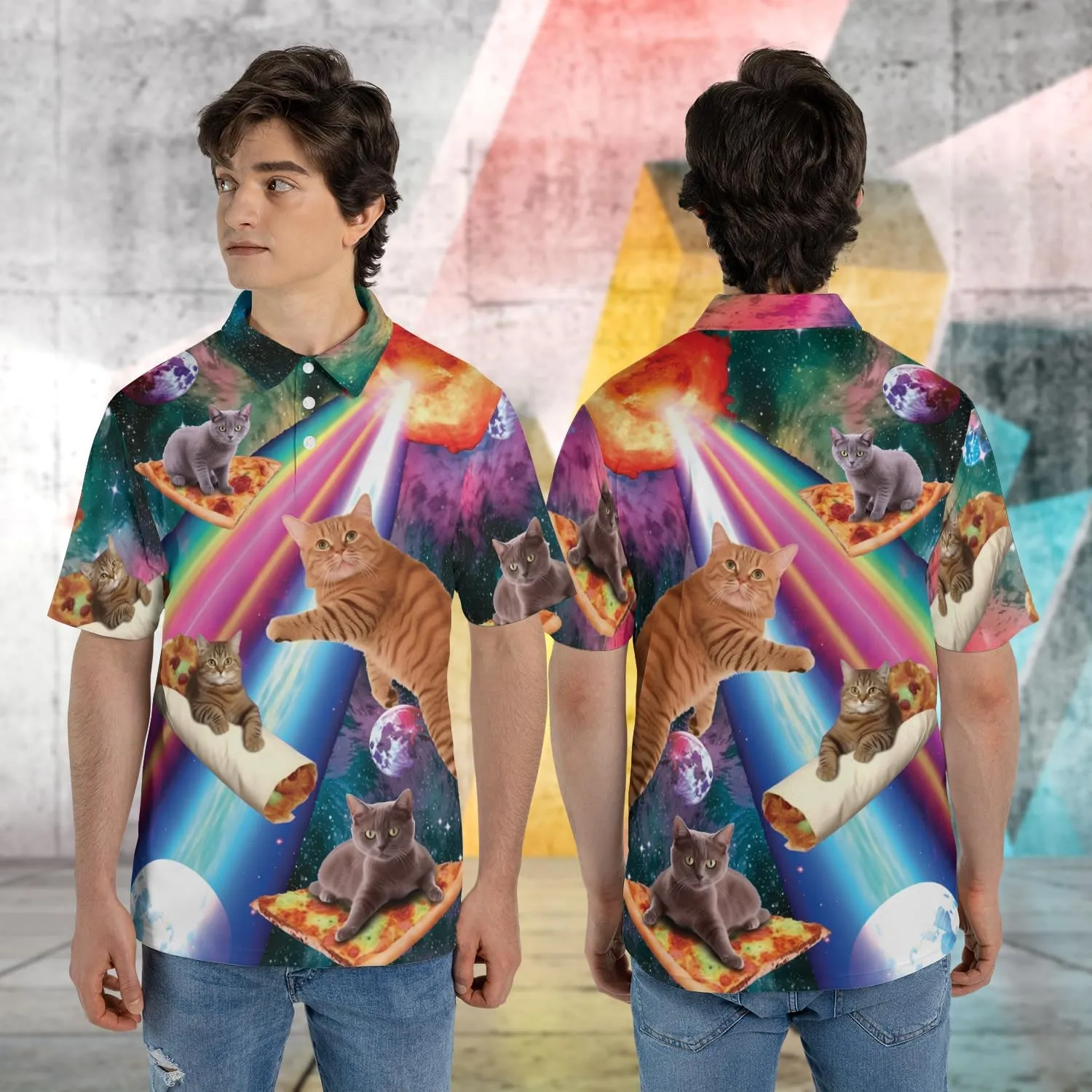 Funny Cat Polo Shirts for Men - Galaxy Cat Mens Quick Dry Short Sleeve Polo Shirts Series 16