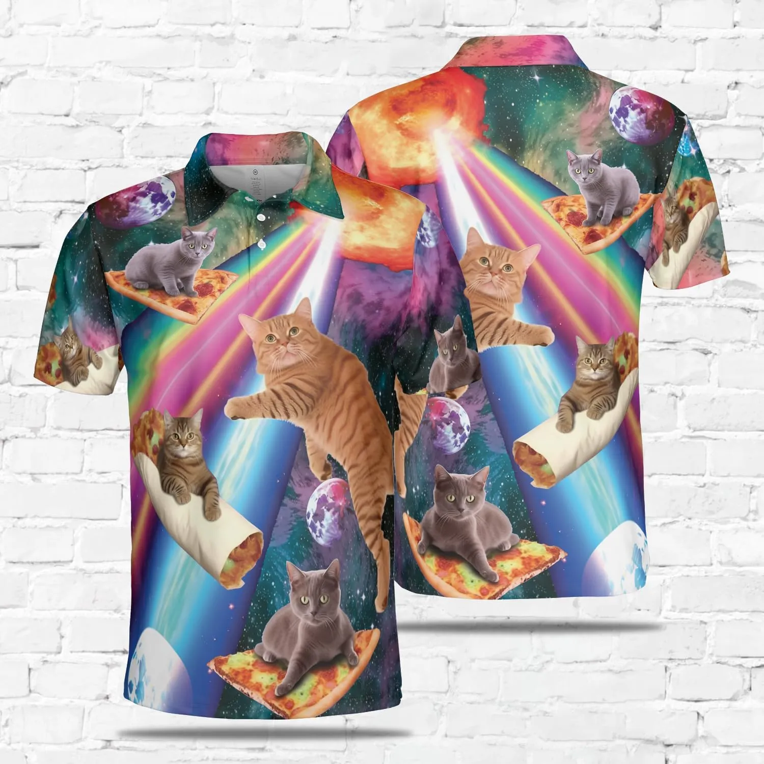 Funny Cat Polo Shirts for Men - Galaxy Cat Mens Quick Dry Short Sleeve Polo Shirts Series 16