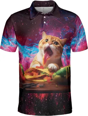Funny Cat Polo Shirts for Men - Galaxy Cat Mens Quick Dry Short Sleeve Polo Shirts Series 27