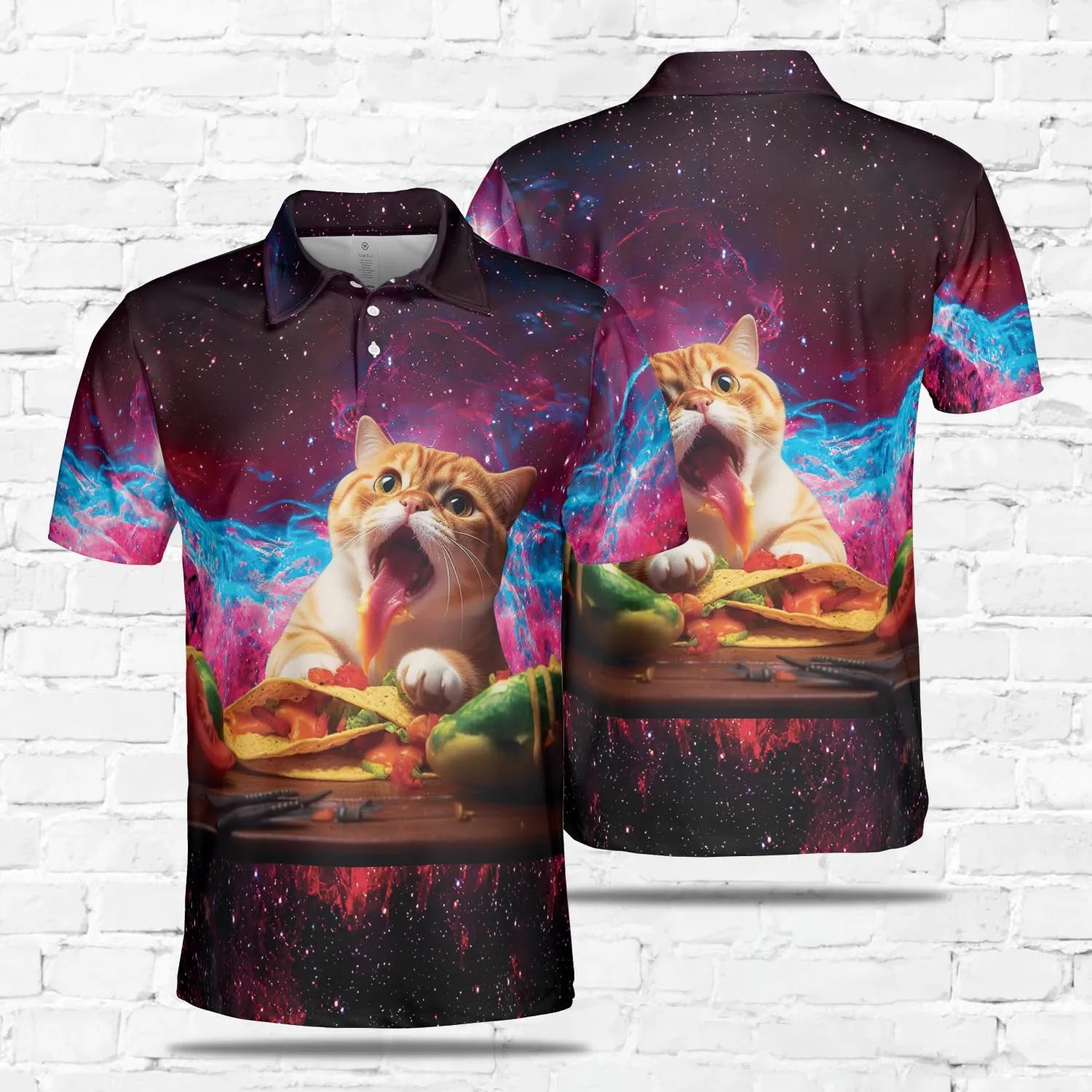 Funny Cat Polo Shirts for Men - Galaxy Cat Mens Quick Dry Short Sleeve Polo Shirts Series 27
