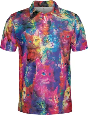 Funny Cat Polo Shirts for Men - Galaxy Cat Mens Quick Dry Short Sleeve Polo Shirts Series 27