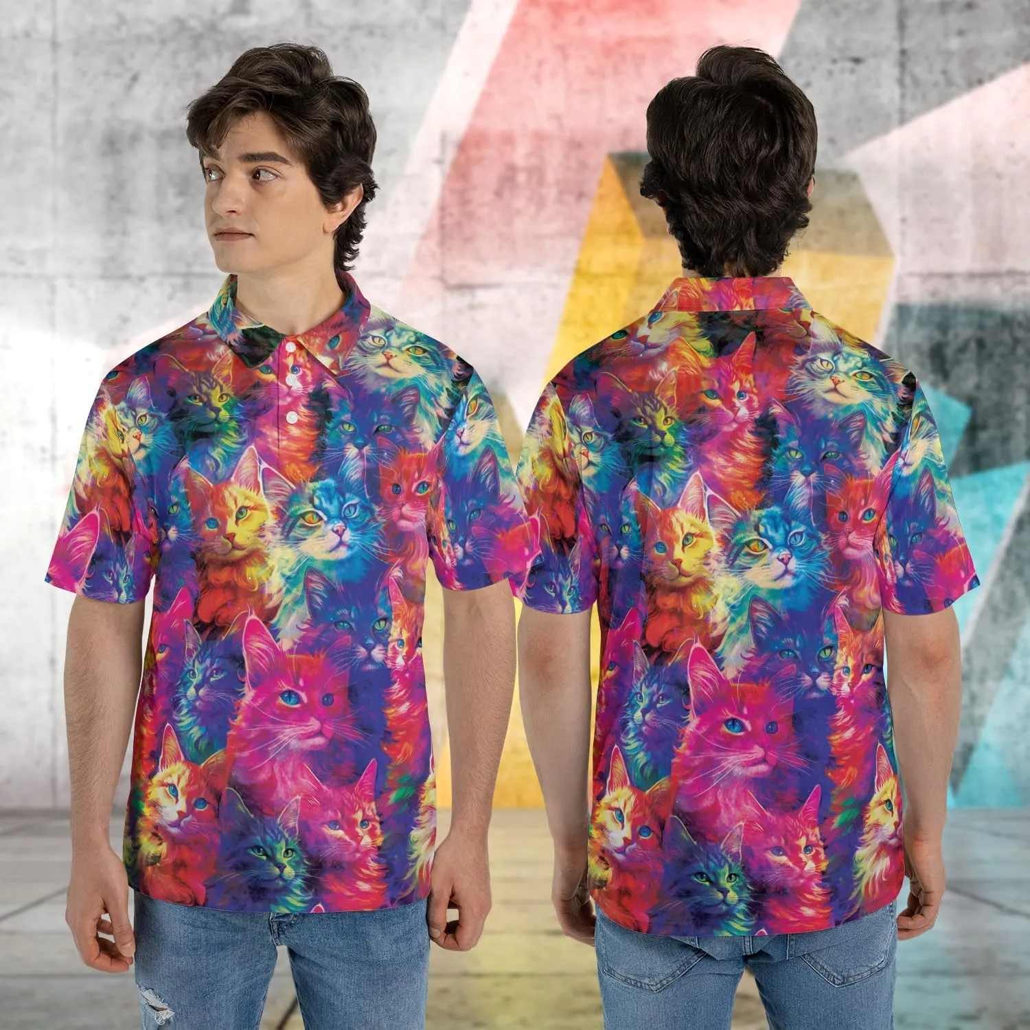 Funny Cat Polo Shirts for Men - Galaxy Cat Mens Quick Dry Short Sleeve Polo Shirts Series 27