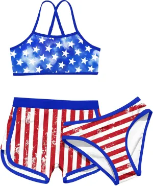 Funnycokid Girls Swimsuit 3 Piece Hawaii Bathing Suit Bikini Set with Shorts Swimwear 7-14 Years