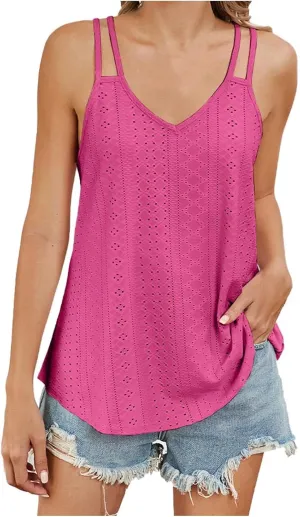 Generic 2024 Flowy Tank Tops for Women Sexy V Neck Sleeveless Spaghetti Strap Camisole Casual Summer Embroidery Eyelet Shirts