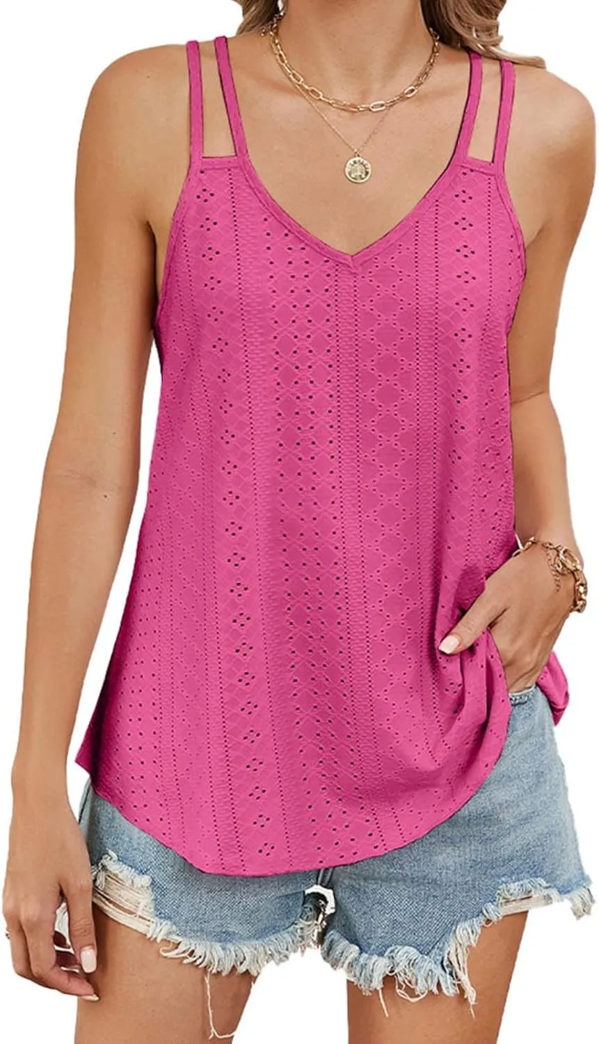 Generic 2024 Flowy Tank Tops for Women Sexy V Neck Sleeveless Spaghetti Strap Camisole Casual Summer Embroidery Eyelet Shirts