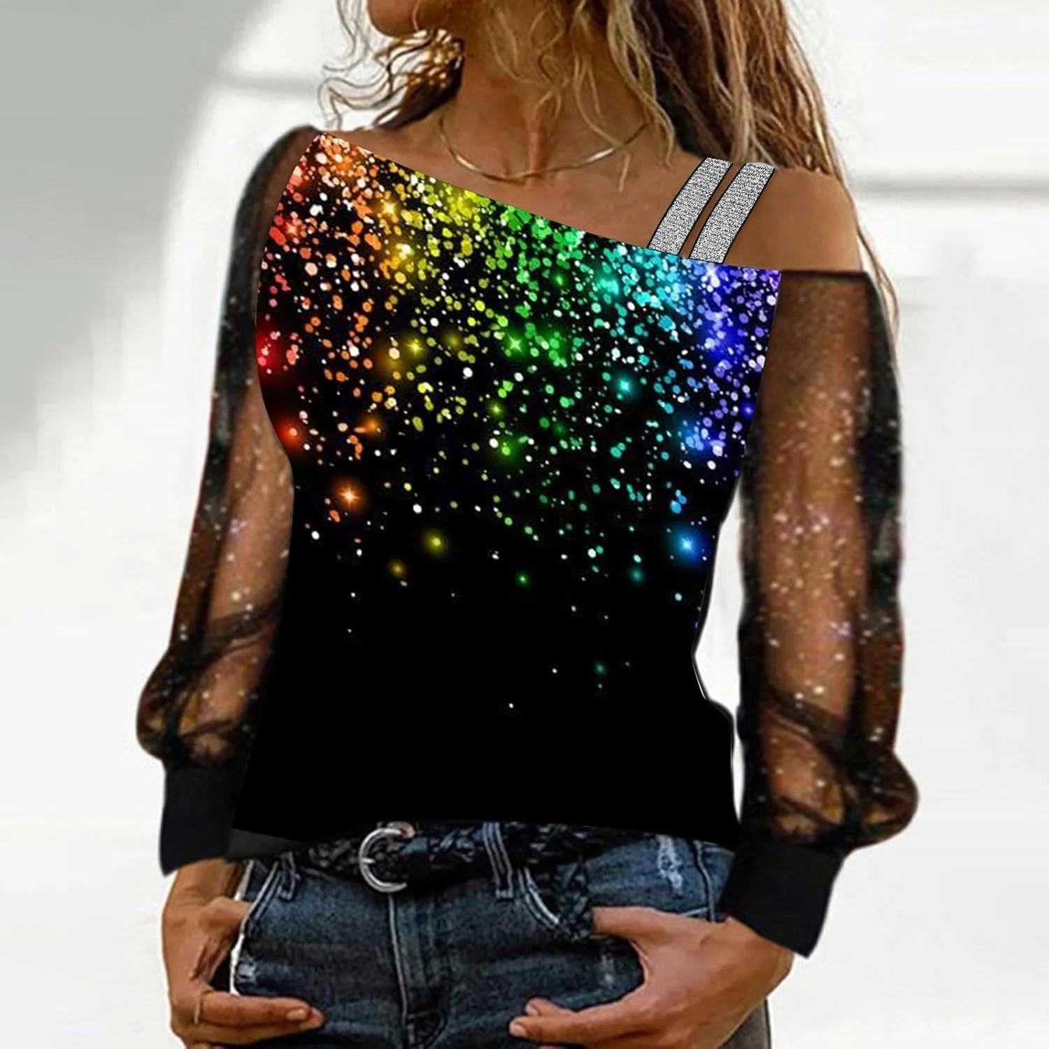 Glitter Tops Shirts for Women Casual Crewneck Summer Fall Glitter Tops Loose Fit Fashion Shiny Dressy Bell Sleeve