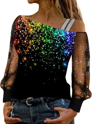 Glitter Tops Shirts for Women Casual Crewneck Summer Fall Glitter Tops Loose Fit Fashion Shiny Dressy Bell Sleeve