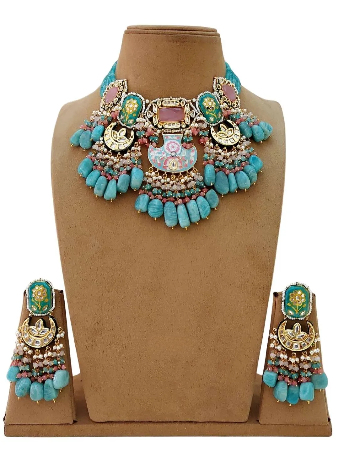 Gold Finish Semiprecious Stone Meenakari Necklace Set