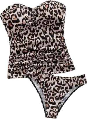 GORGLITTER Women's Leopard Print Tankini Swimsuits Cheetah Ruched Strapless High Cut Bikini Set