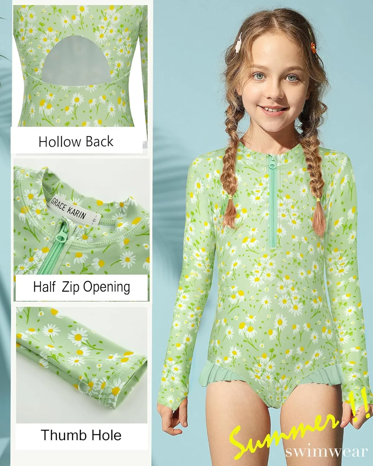 GRACE KARIN Girls One Piece Swimsuits Long Sleeve Bathing Suits Swimwear 5-14Y