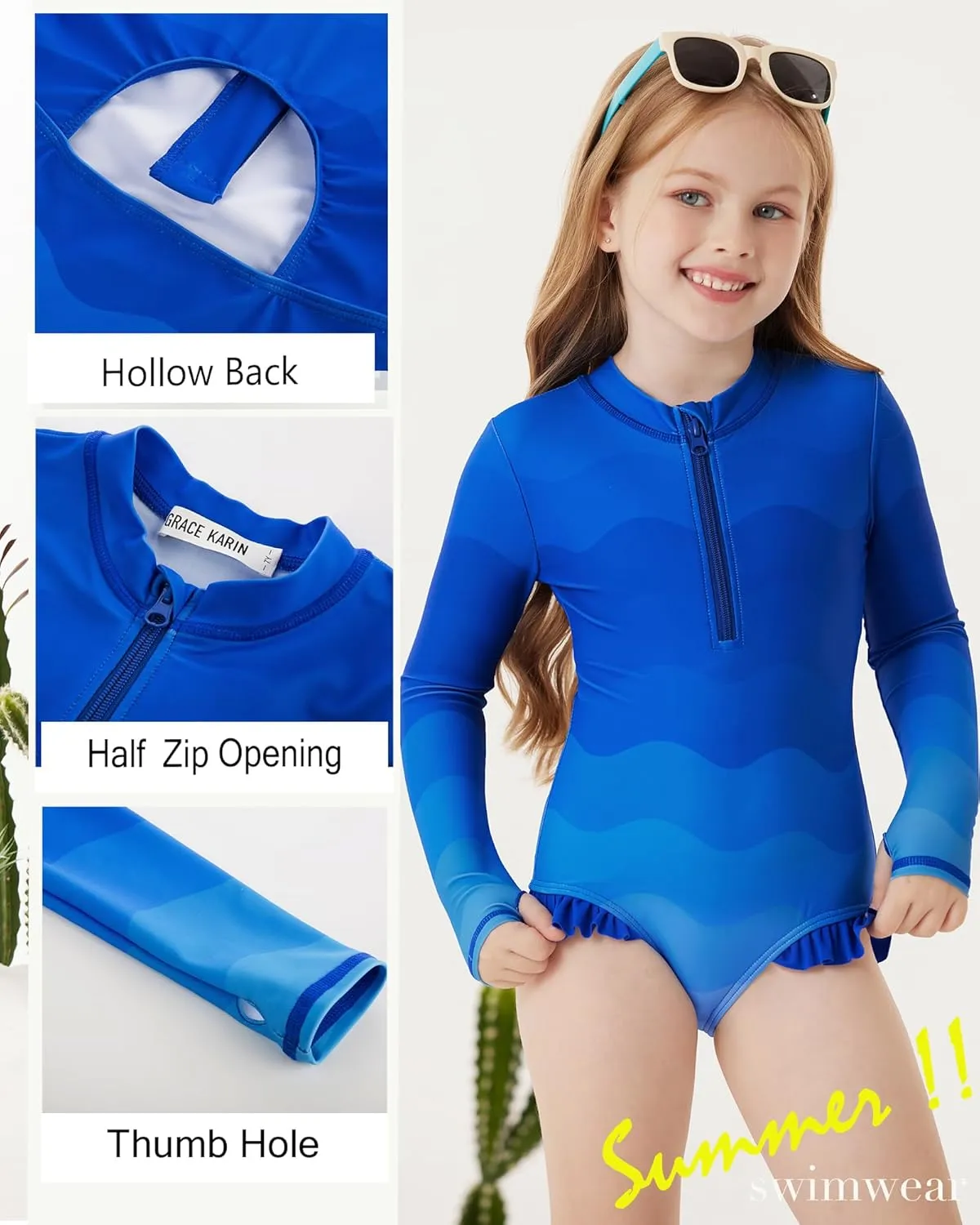 GRACE KARIN Girls One Piece Swimsuits Long Sleeve Bathing Suits Swimwear 5-14Y