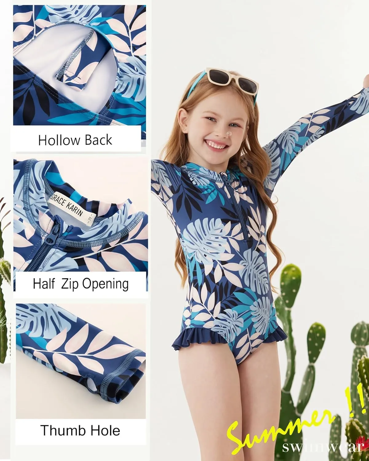 GRACE KARIN Girls One Piece Swimsuits Long Sleeve Bathing Suits Swimwear 5-14Y