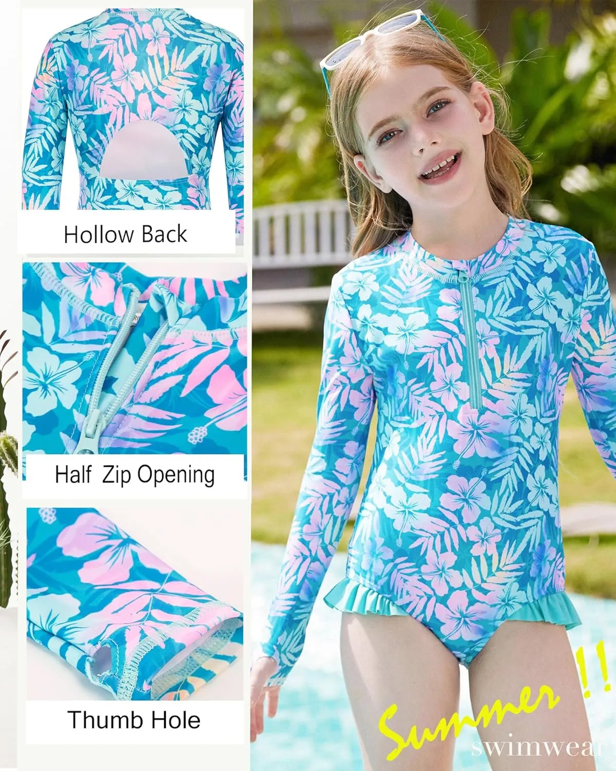 GRACE KARIN Girls One Piece Swimsuits Long Sleeve Bathing Suits Swimwear 5-14Y
