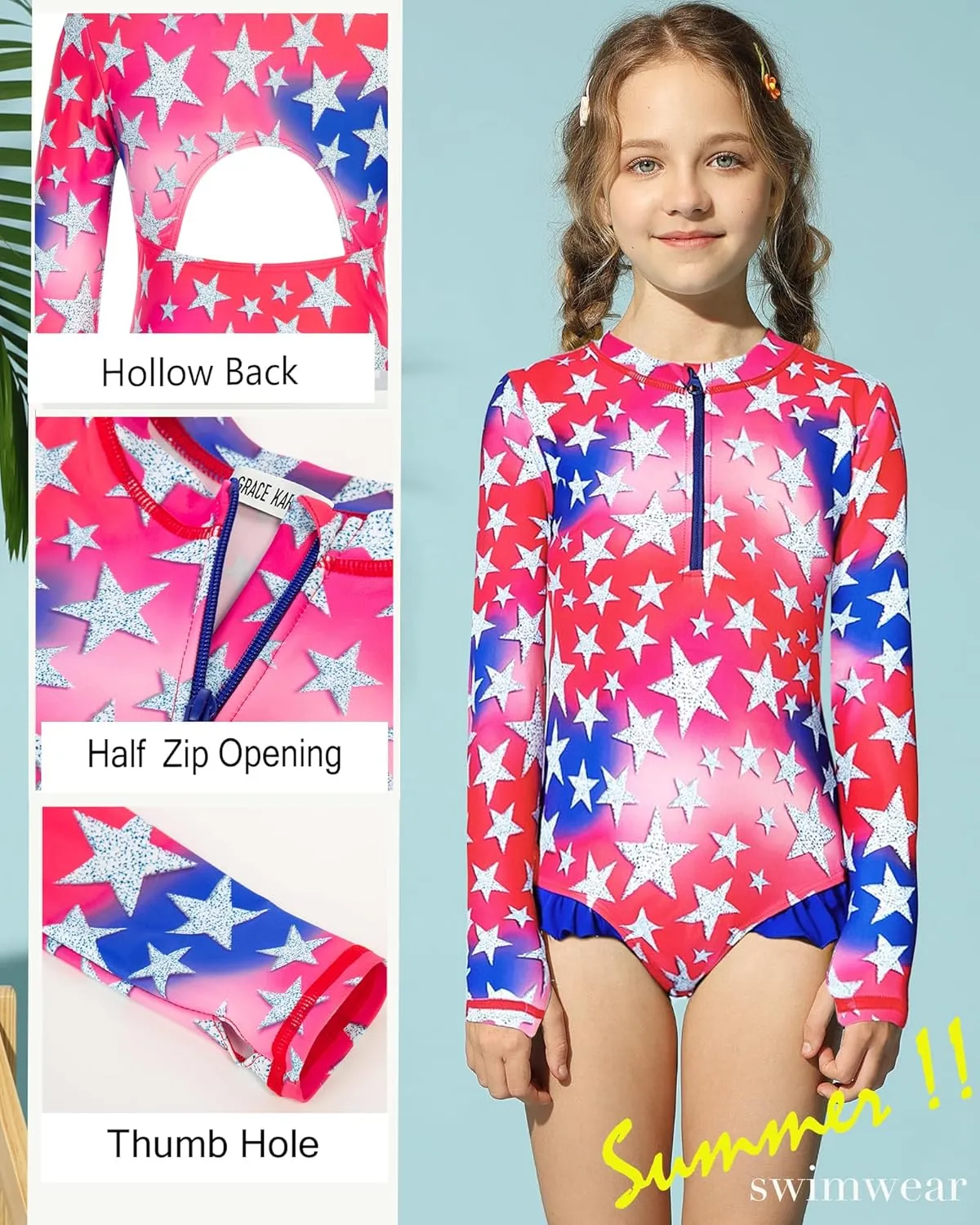 GRACE KARIN Girls One Piece Swimsuits Long Sleeve Bathing Suits Swimwear 5-14Y