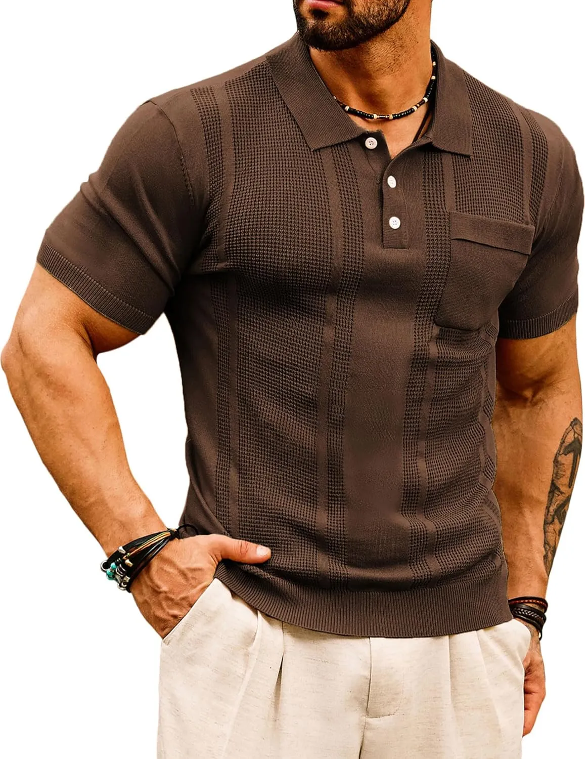 GRACE KARIN Men's Knit Polo Shirts Short Sleeve Texture Lightweight Golf Shirts Sweater
