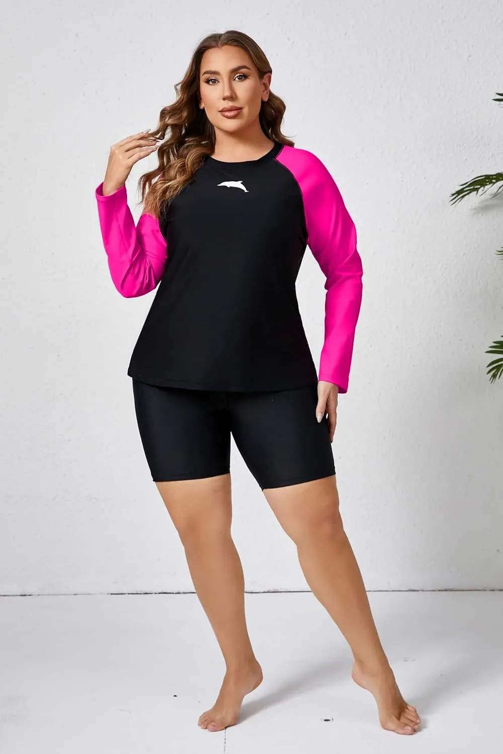 Halcurt Women's Built in Bra Long Sleeve Rash Guard Plus Size 2 Piece Swimsuit Shirt and Shorts