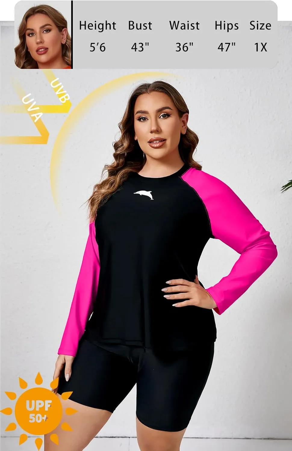 Halcurt Women's Built in Bra Long Sleeve Rash Guard Plus Size 2 Piece Swimsuit Shirt and Shorts