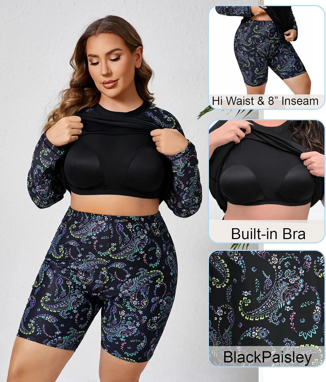 Halcurt Women's Built in Bra Long Sleeve Rash Guard Plus Size 2 Piece Swimsuit Shirt and Shorts