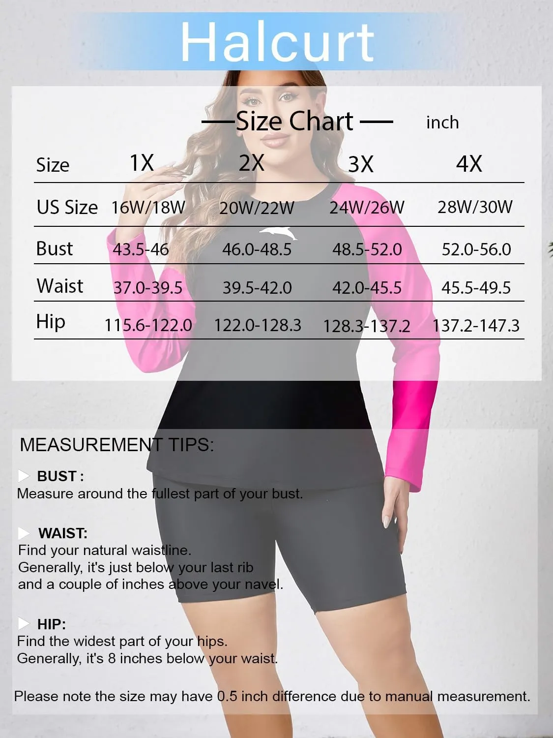 Halcurt Women's Built in Bra Long Sleeve Rash Guard Plus Size 2 Piece Swimsuit Shirt and Shorts