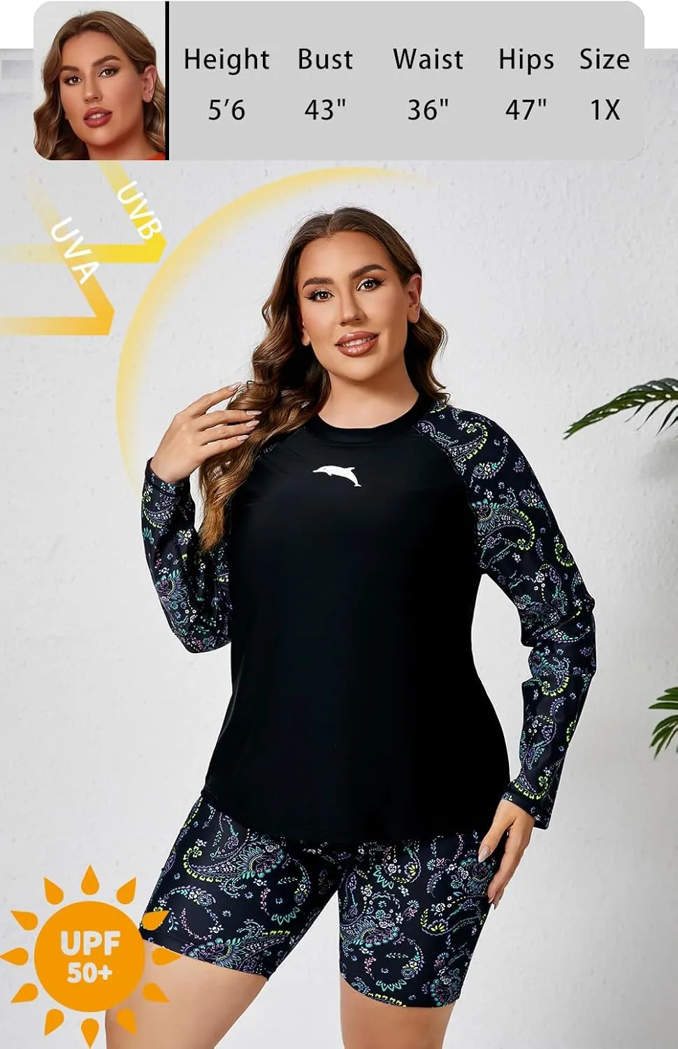 Halcurt Women's Built in Bra Long Sleeve Rash Guard Plus Size 2 Piece Swimsuit Shirt and Shorts