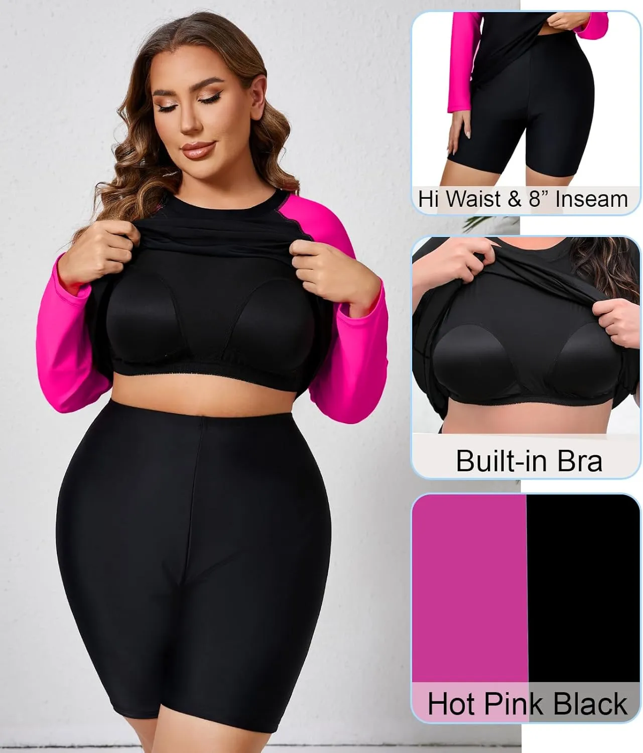 Halcurt Women's Built in Bra Long Sleeve Rash Guard Plus Size 2 Piece Swimsuit Shirt and Shorts