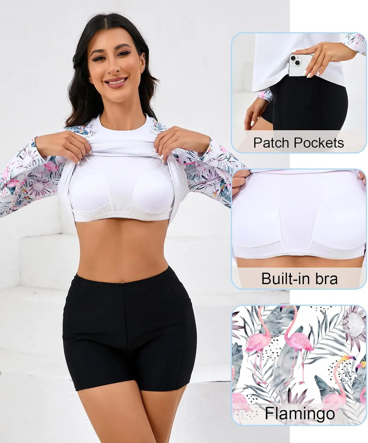 Halcurt Women's Built in Bra Rash Guard Long Sleeve Swimwear UPF 50 Two Piece Swim Shorts and Tops